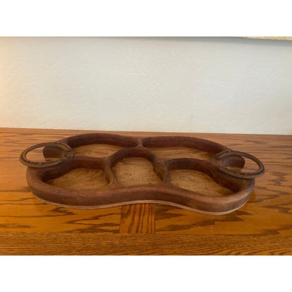 Rare Vintage handmade cast-iron horseshoe wood serving tray